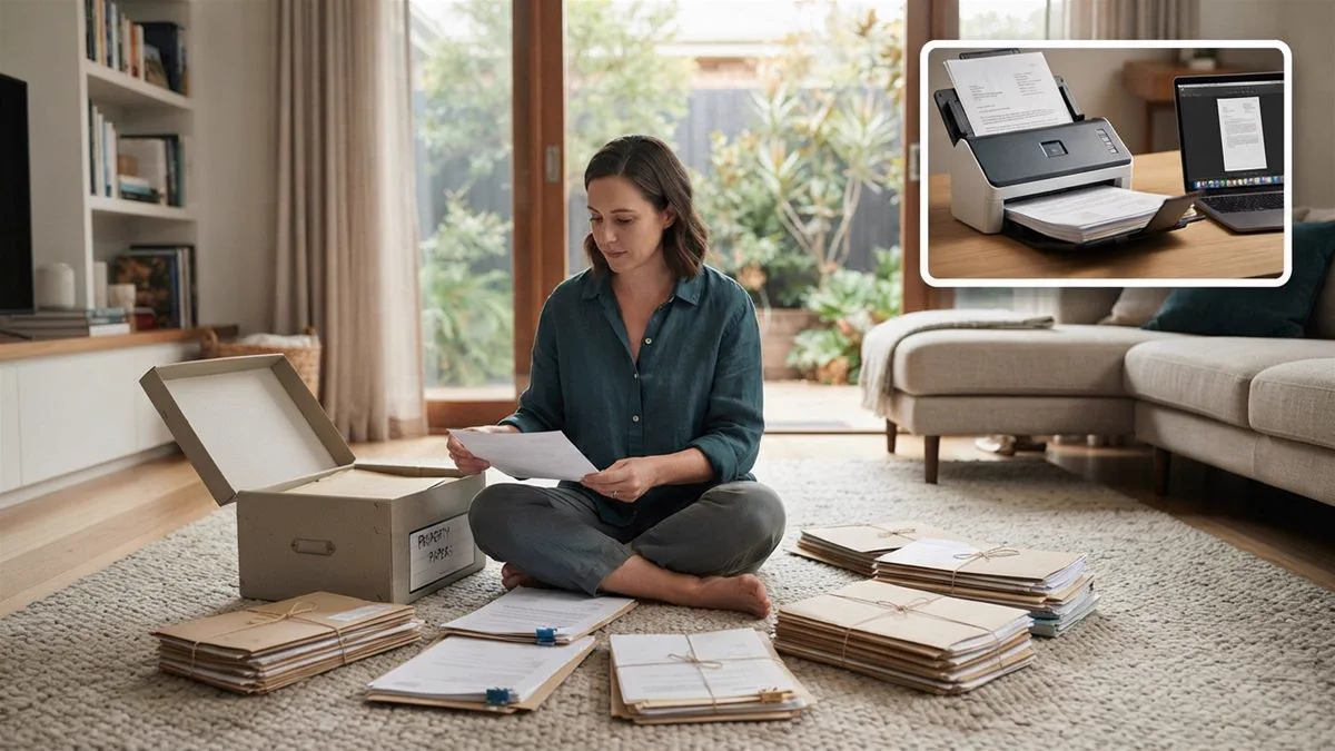 An archive box of property paperwork being sorted on the floor of an Australian home